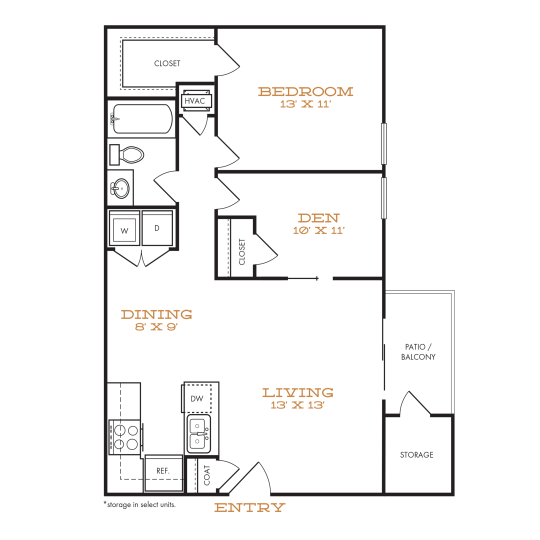 One-bedroom apartment with a den, patio, and washer/dryer